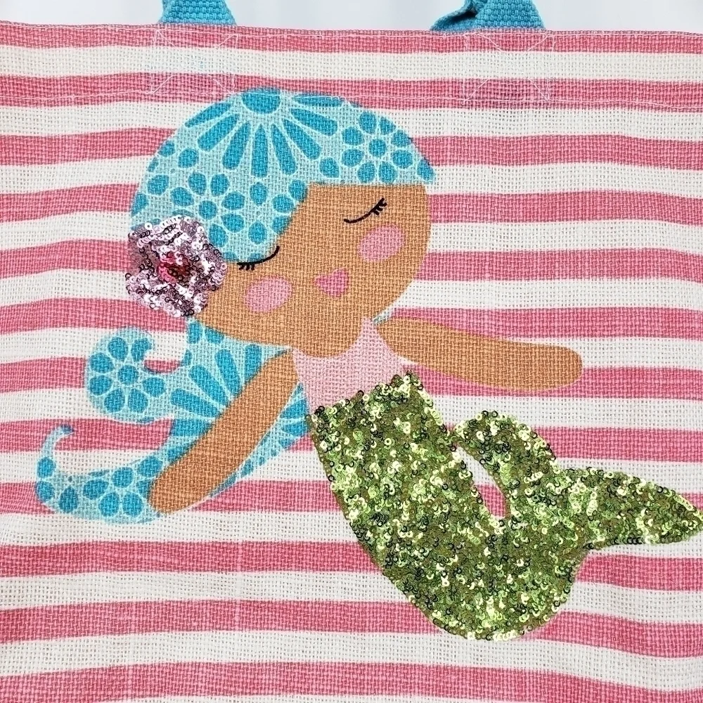 MUD Pie unisex mermaid tote bag pink stripe sequin woven fiber aqua handles